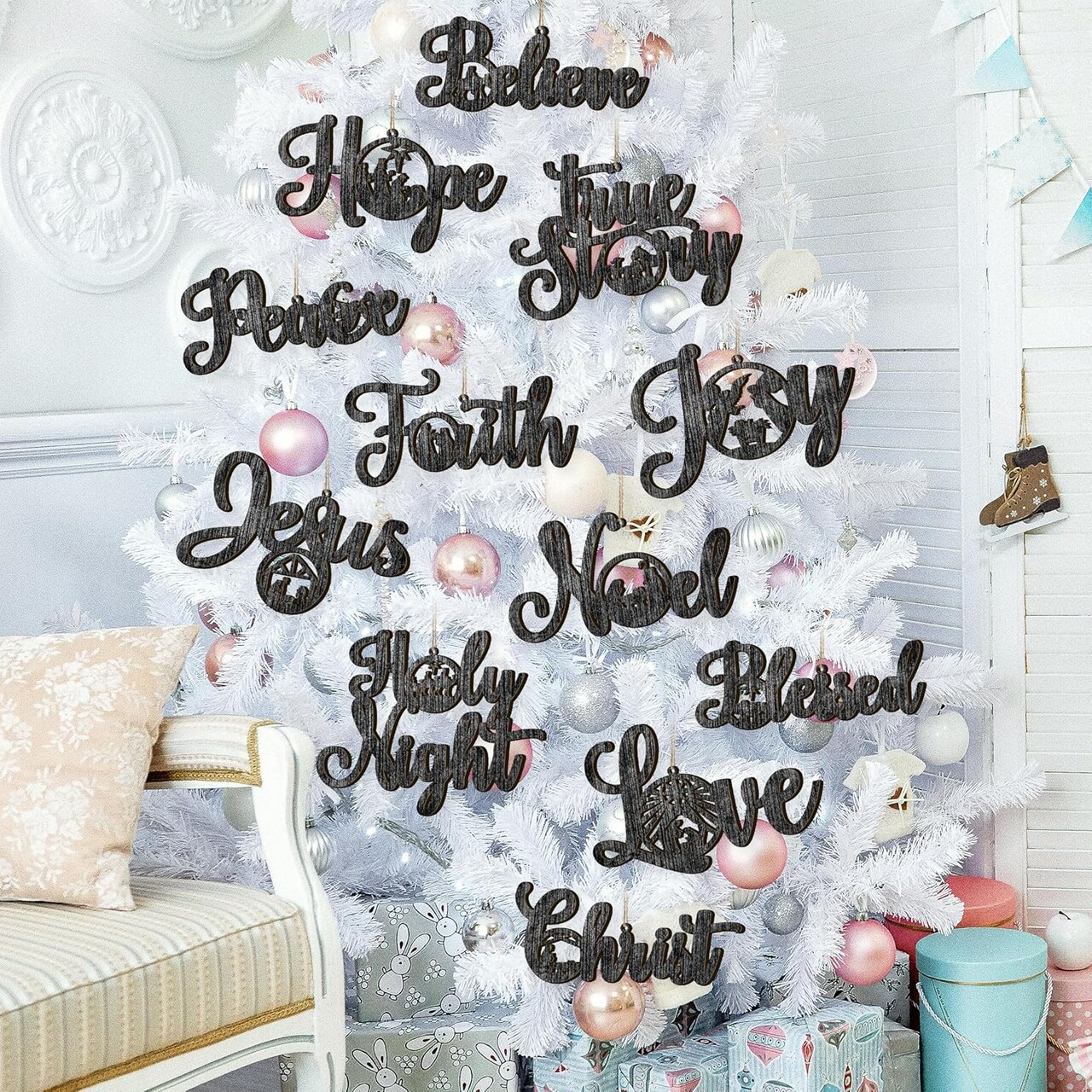 Christmas Nativity Scene Tree Ornaments Christmas Wooden Hanging Ornaments Word Sign Religious Letter Hanging Craft The Birth of Jesus Wooden Decorations for Xmas Outdoor Home Decor (Black)
